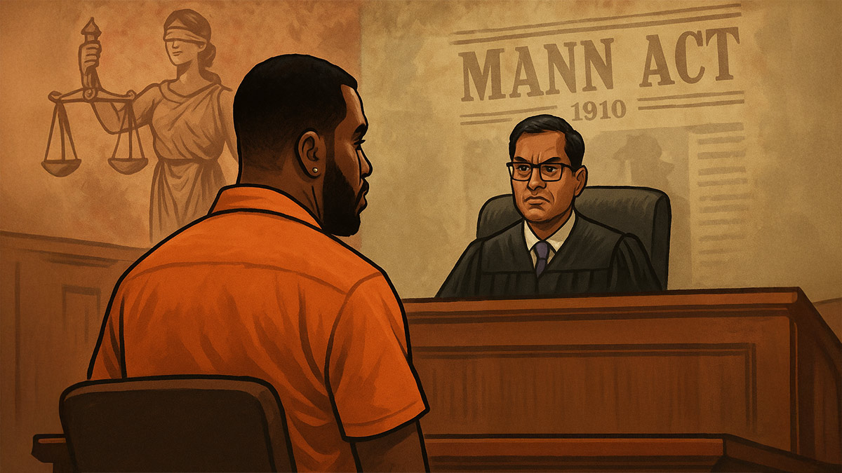 A satirical courtroom illustration showing Diddy in an orange jumpsuit facing a judge, symbolizing the Mann Act convictions.