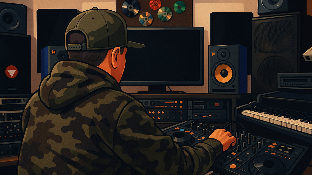 A digitally illustrated image of producer DJ Kemo working in a studio.