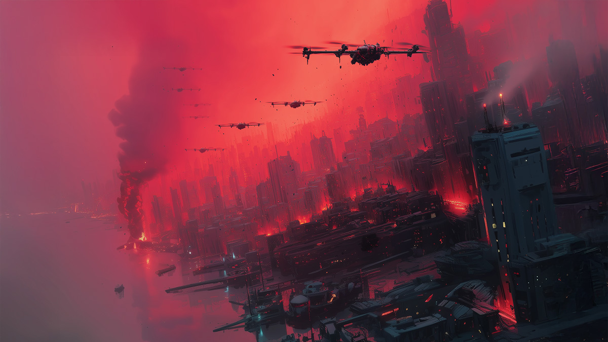 Several futuristic drones fly over a futuristic landscape.