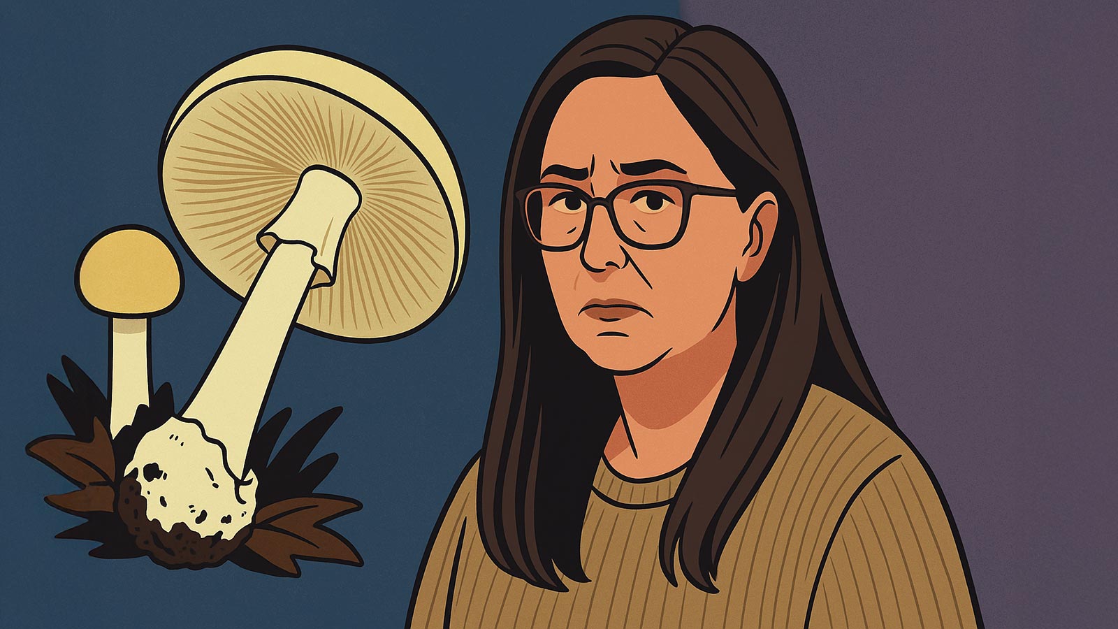 Digital illustration of Erin Patterson beside death cap mushrooms, referencing the Mushroom Murder trial.