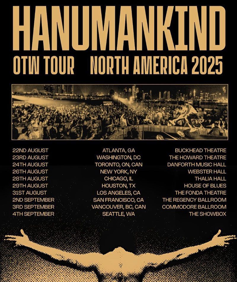 A black and gold coloured poster featuring tour dates for Hanumankind