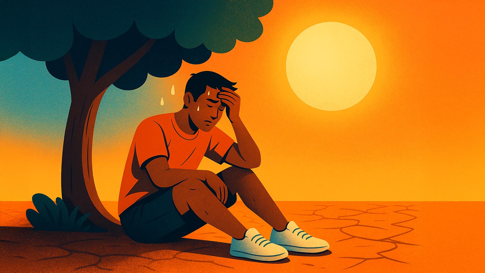 Person resting in shade under intense summer sun during a heat wave.