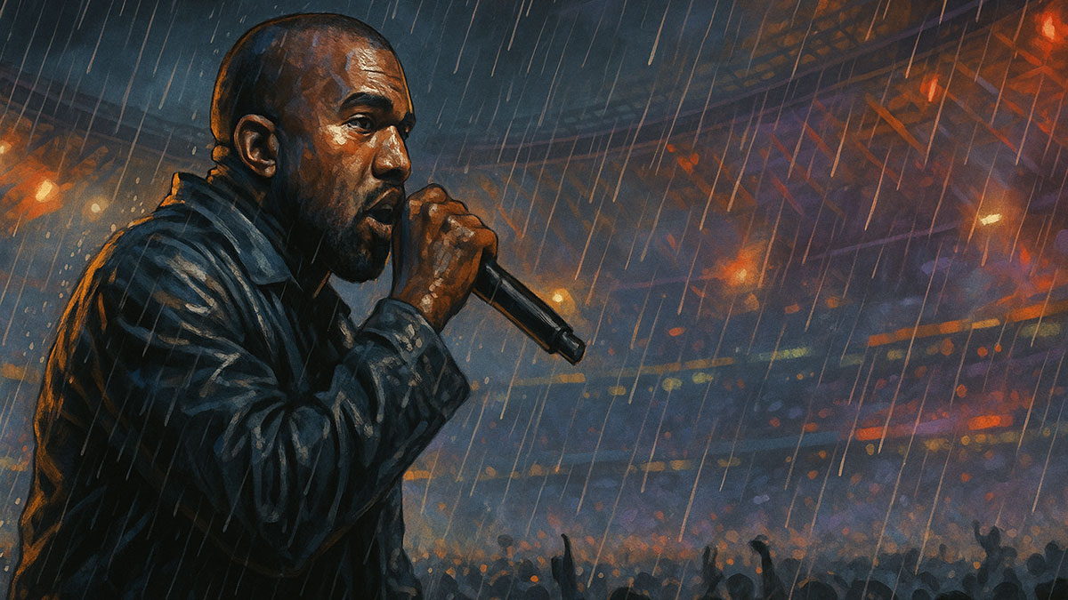 Digital illustration of Kanye West performing in a rainy Shanghai stadium, with chaotic lighting and crowd confusion in the background of the show.
