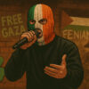 A digital illustration in a semi-realistic style with Kneecap rapper in Irish ski mask on stage with signs showing solidarity with Gaza, and flags.
