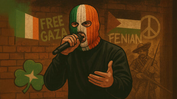 A digital illustration in a semi-realistic style with Kneecap rapper in Irish ski mask on stage with signs showing solidarity with Gaza, and flags.