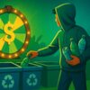 Illustration of a person recycling bottles at a depot with a glowing prize wheel in the background, representing a lottery-style refund recycling system.