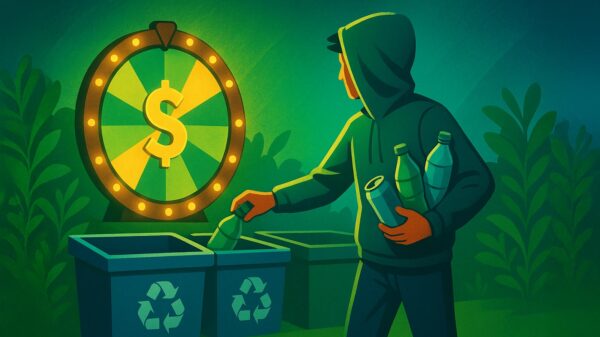 Illustration of a person recycling bottles at a depot with a glowing prize wheel in the background, representing a lottery-style refund recycling system.