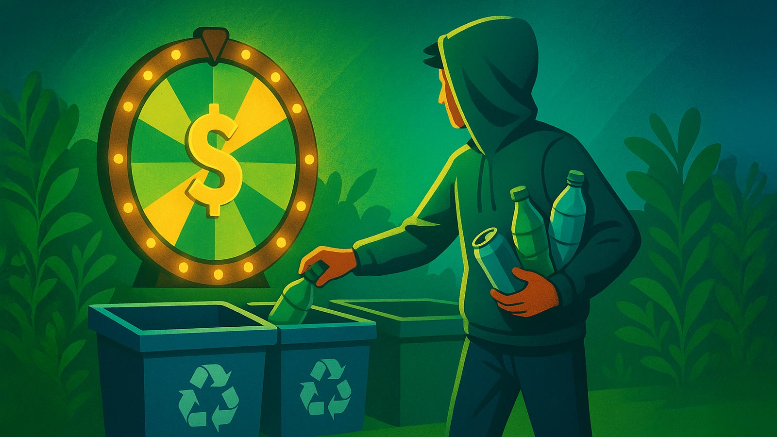 Illustration of a person recycling bottles at a depot with a glowing prize wheel in the background, representing a lottery-style refund recycling system.