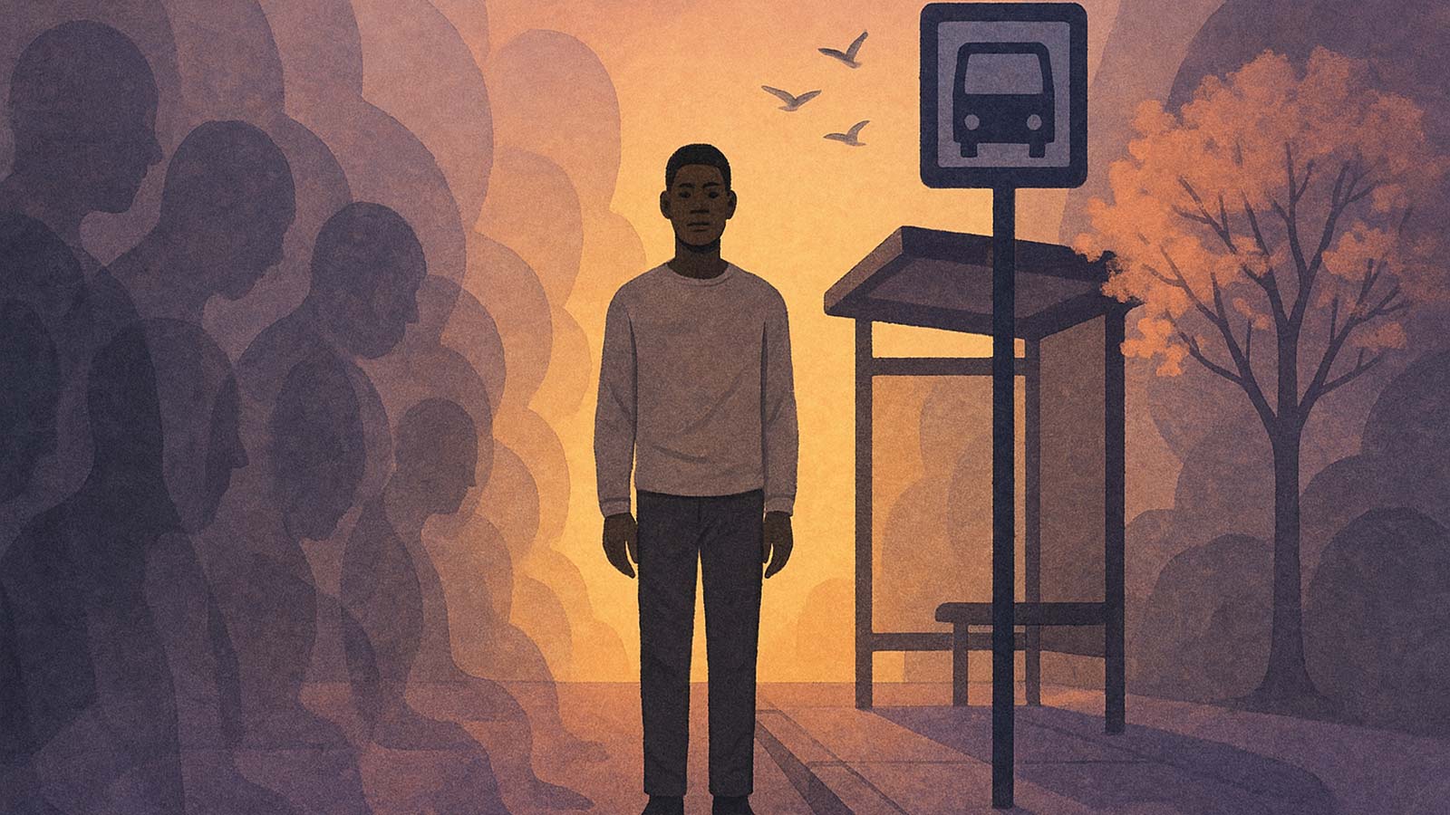 Illustration of a young Black man at a bus stop at dawn, symbolizing prison mental health struggles and reintegration faced by many Black men.