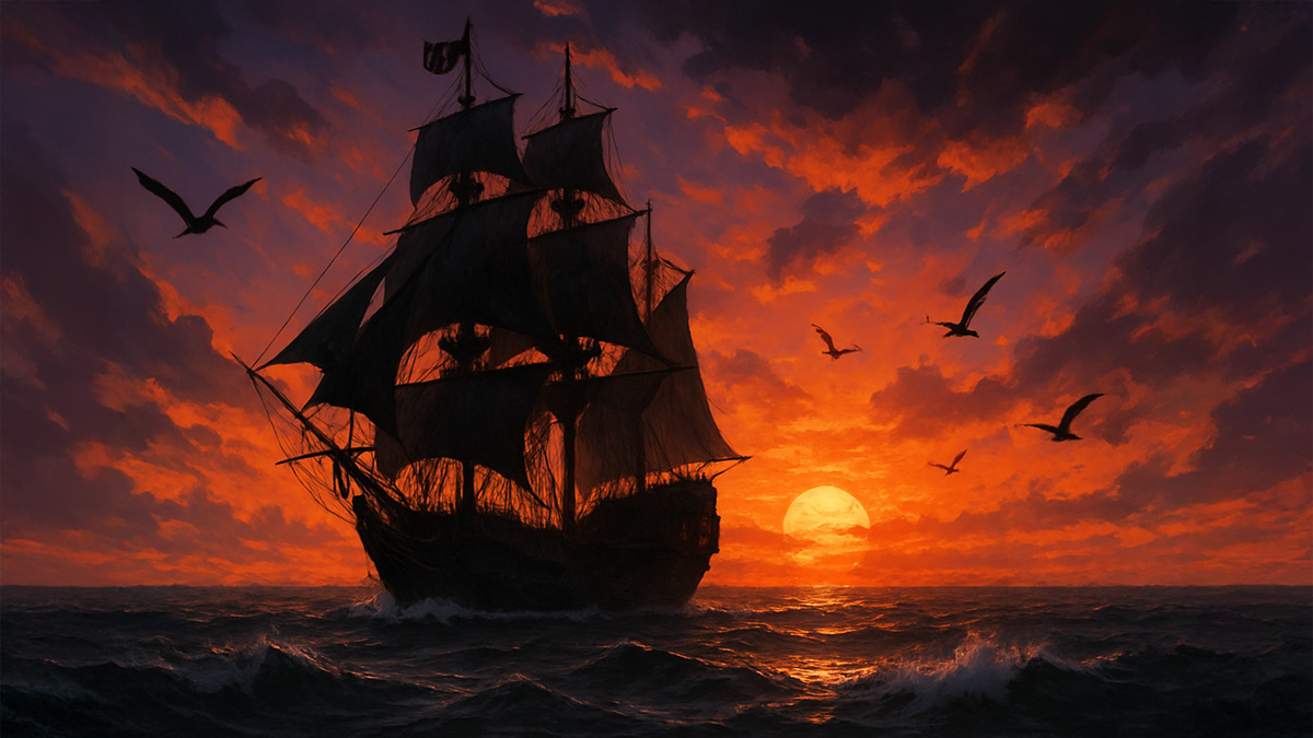 A pirate ship sailing the high seas.