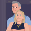 Illustration of a couple caught on a stadium jumbotron, symbolizing public shaming after their affair went viral.