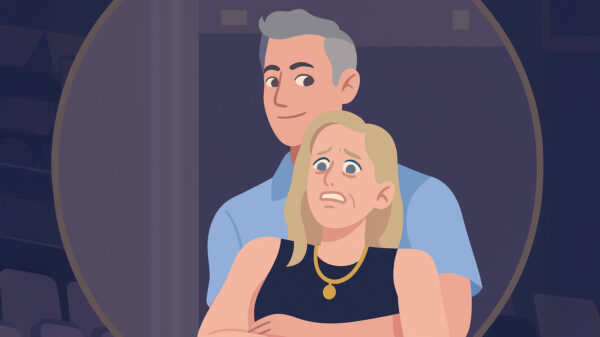 Illustration of a couple caught on a stadium jumbotron, symbolizing public shaming after their affair went viral.