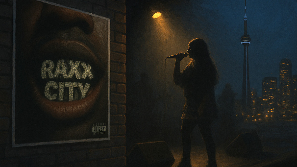 A digital illustration of Toronto rapper RAXX performing on a dimly lit stage, with her RAXX City artwork plastered on a brick wall.