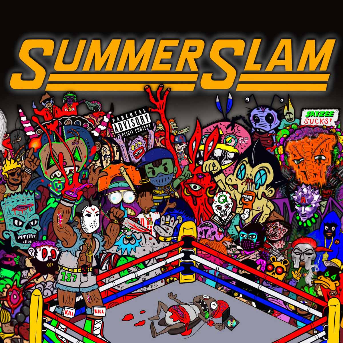 Artwork for the Summer Slam album by Sayzee, featuring a wrestling ring and cartoon characters.