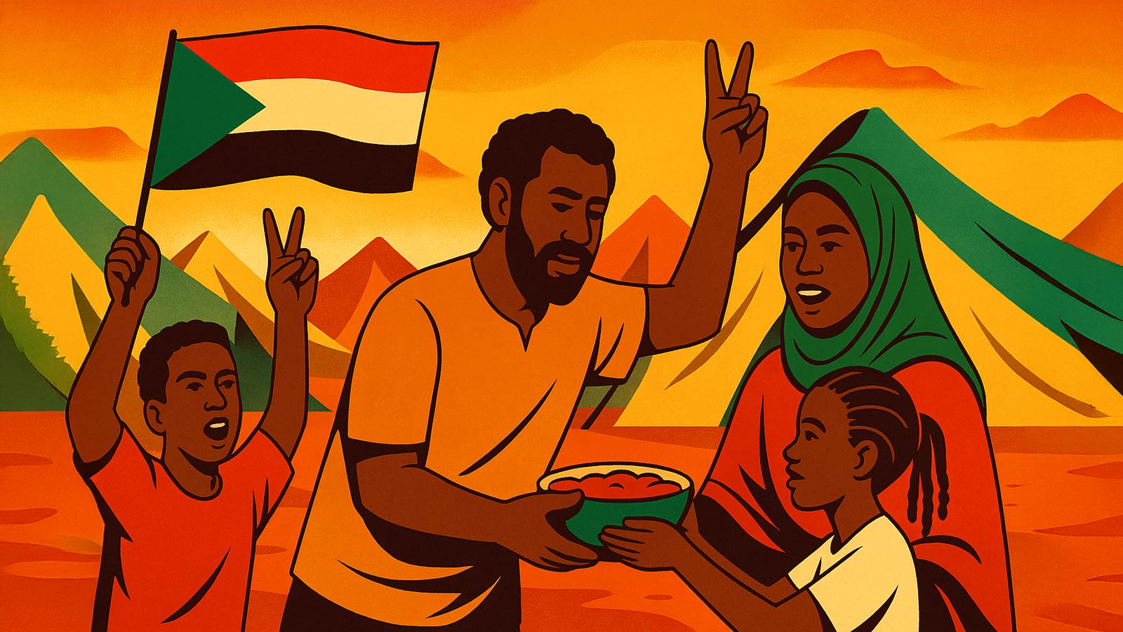 Digital illustration of Sudan war grassroots resistance, showing Sudanese families sharing food, raising peace signs, and holding the Sudan flag in front of displacement tents.