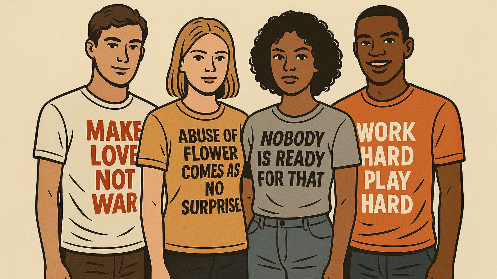 A digital illustration of four people with a famous slogan printed on a t-shirt.