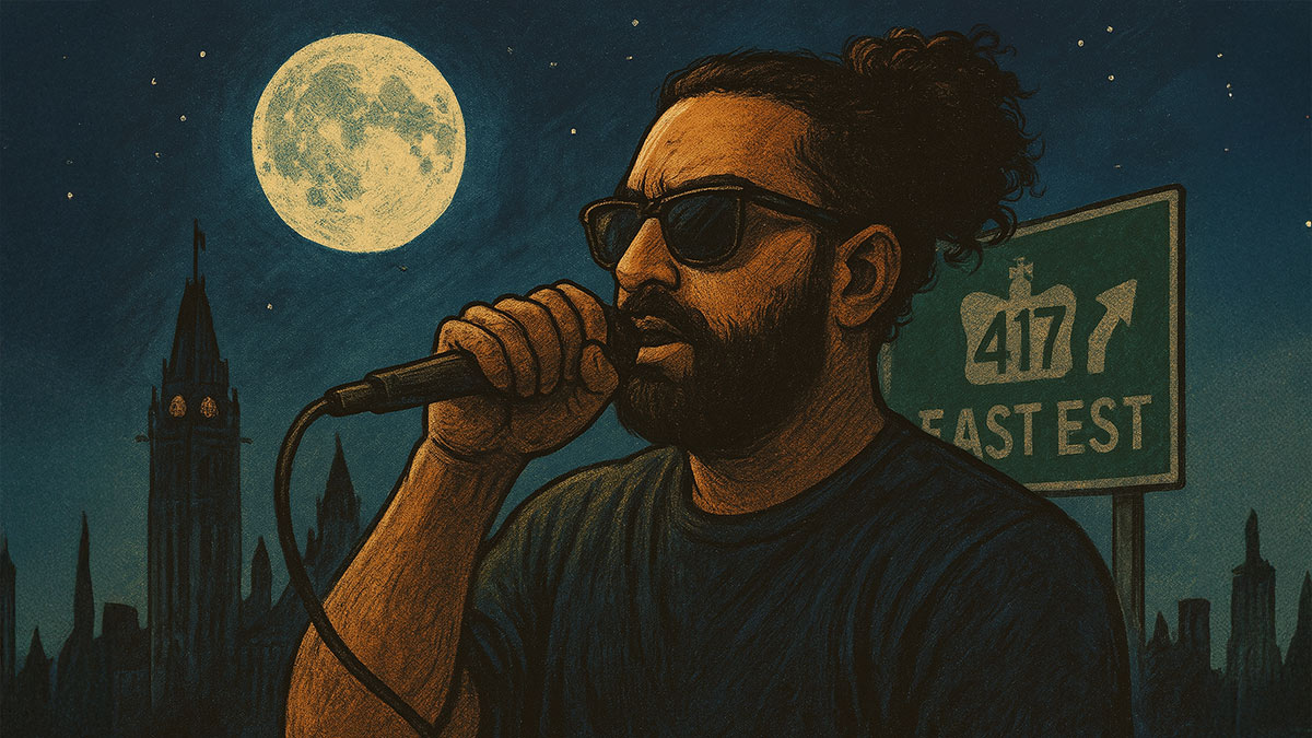Ottawa rapper Sawlid performing songs from The Sawlid Act album under moonlight with 417 East sign and Parliament Hill skyline.
