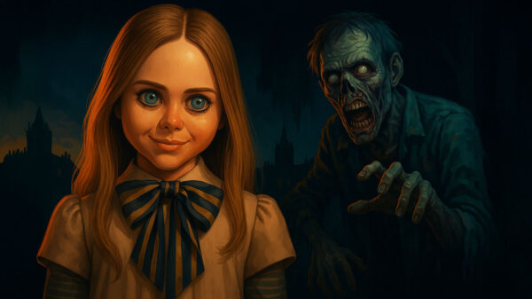 A digital illustration with various elements from films on a what to watch list for July 2025.