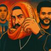 A digital illustration depicting Belly and XO CEO Tony Sal, The Weeknd, and Drake.