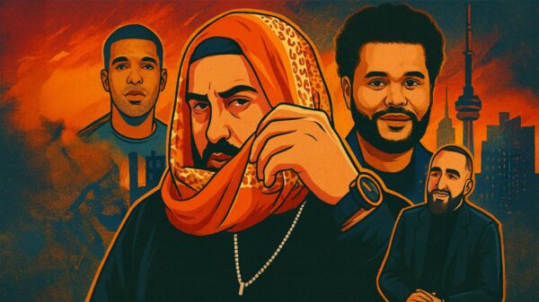 A digital illustration depicting Belly and XO CEO Tony Sal, The Weeknd, and Drake.