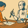 Illustration of AI creative jobs, showing a human artist and a humanoid robot painting together at a table.