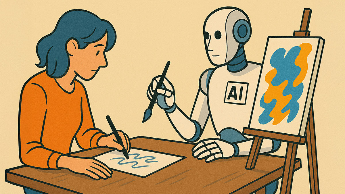 Illustration of AI creative jobs, showing a human artist and a humanoid robot painting together at a table.