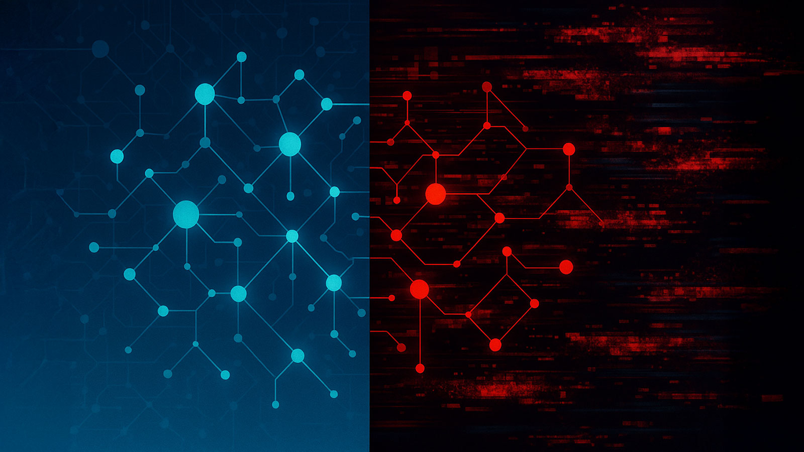 Illustration of AI data poisoning, showing a split-screen with clean blue network data on one side and corrupted red glitch patterns on the other.