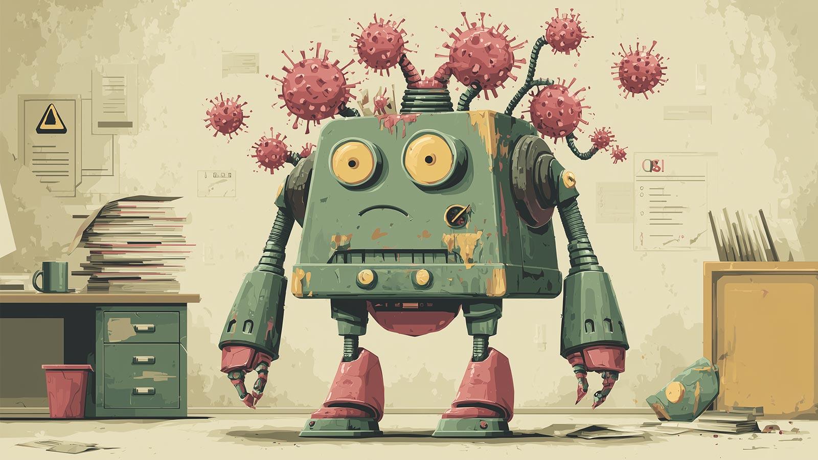 Illustration of AI data poisoning, showing a distressed robot.