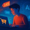 A digital illustration of a shopper using a laptop while AI algorithms adjust product prices, representing the concept of personalized pricing.