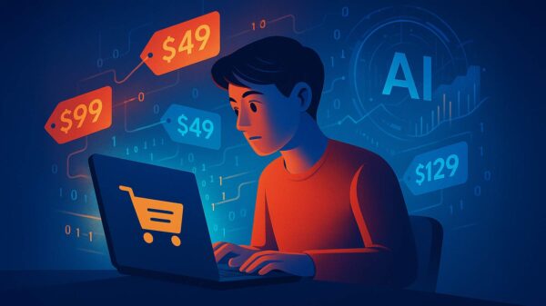A digital illustration of a shopper using a laptop while AI algorithms adjust product prices, representing the concept of personalized pricing.