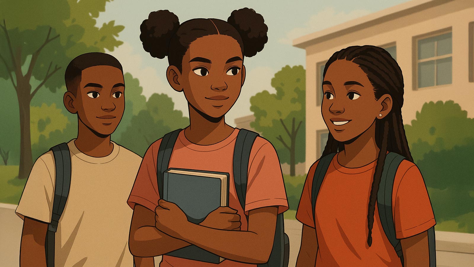 Digital illustration of Black children participating in summer programs, enjoying outdoor activities and learning in a supportive community setting.
