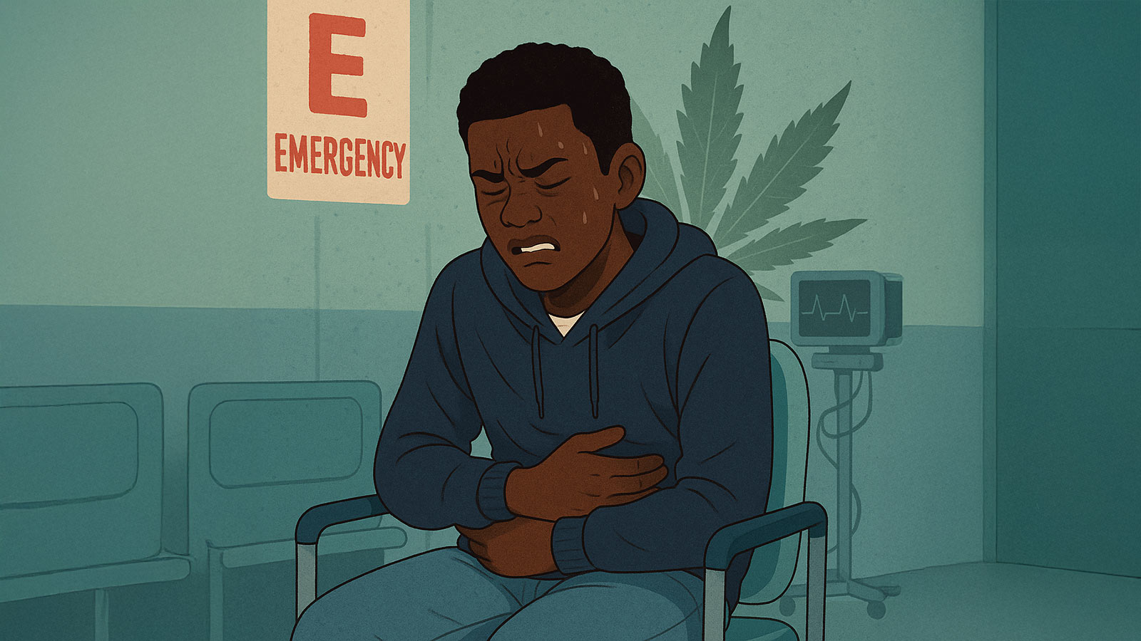 Digital illustration of a Black male youth in a hospital emergency room, clutching his stomach in pain, with a faint cannabis leaf in the background representing cannabis hyperemesis syndrome.