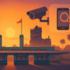 Disney Hollywood Studios entrance at sunset with surveillance camera and smartphone icons, symbolizing the Disney upskirt scandal investigation.