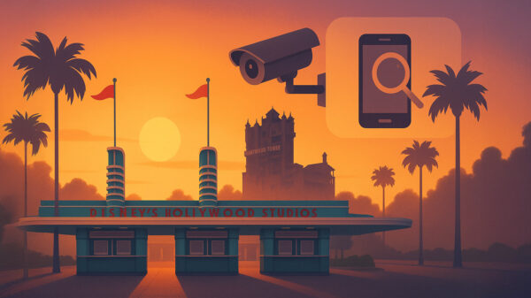 Disney Hollywood Studios entrance at sunset with surveillance camera and smartphone icons, symbolizing the Disney upskirt scandal investigation.