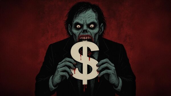 A horror-inspired digital illustration showing wealthy elites as grotesque monsters, capturing the theme of 'eat the rich' horror films.