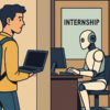 Digital cartoon of a Gen Z intern holding a laptop outside an office while a robot takes the internship role inside, symbolizing Gen Z AI jobs.