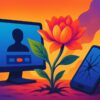 Illustration symbolizing a humane internet – a vibrant flower blooms between a glowing video-call computer monitor and a cracked smartphone against a warm, sunset-style backdrop.