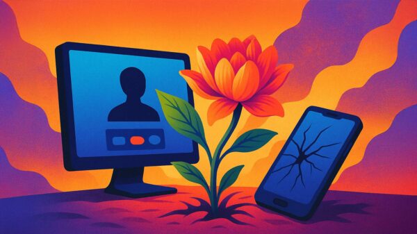 Illustration symbolizing a humane internet – a vibrant flower blooms between a glowing video-call computer monitor and a cracked smartphone against a warm, sunset-style backdrop.
