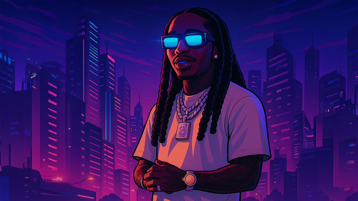 Futuristic digital illustration of Jacquees inspired by his “He Kant” music video, with a neon-lit, cinematic atmosphere.
