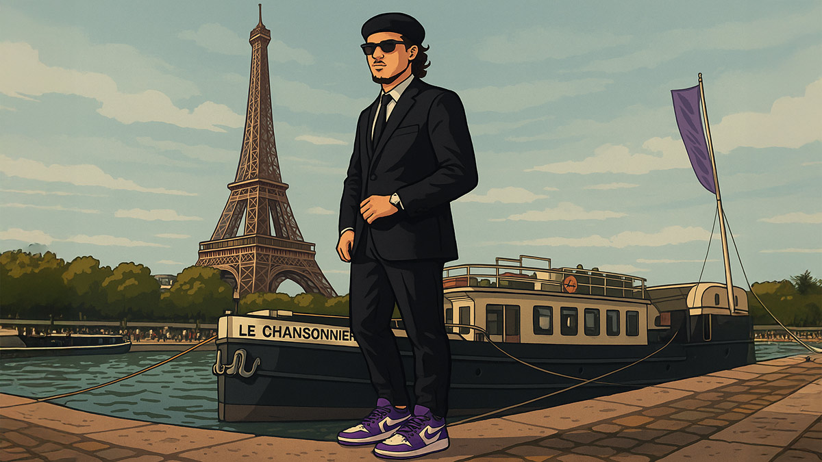 Kresnt stands by the Seine in Paris wearing a black suit and purple sneakers, with the Eiffel Tower behind him, promoting his 911 Coupe single.