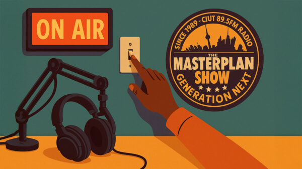 Radio studio with an On The Air sign, headphones, and a Black hand turning off the light switch, symbolizing the end of CIUT’s 35-year Masterplan Show and Generation Next.