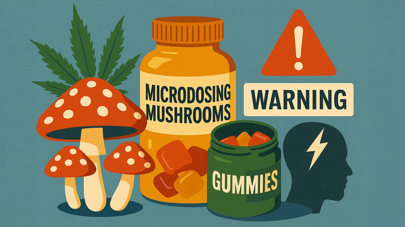 A collage of clip art images representing the microdosing of mushrooms.