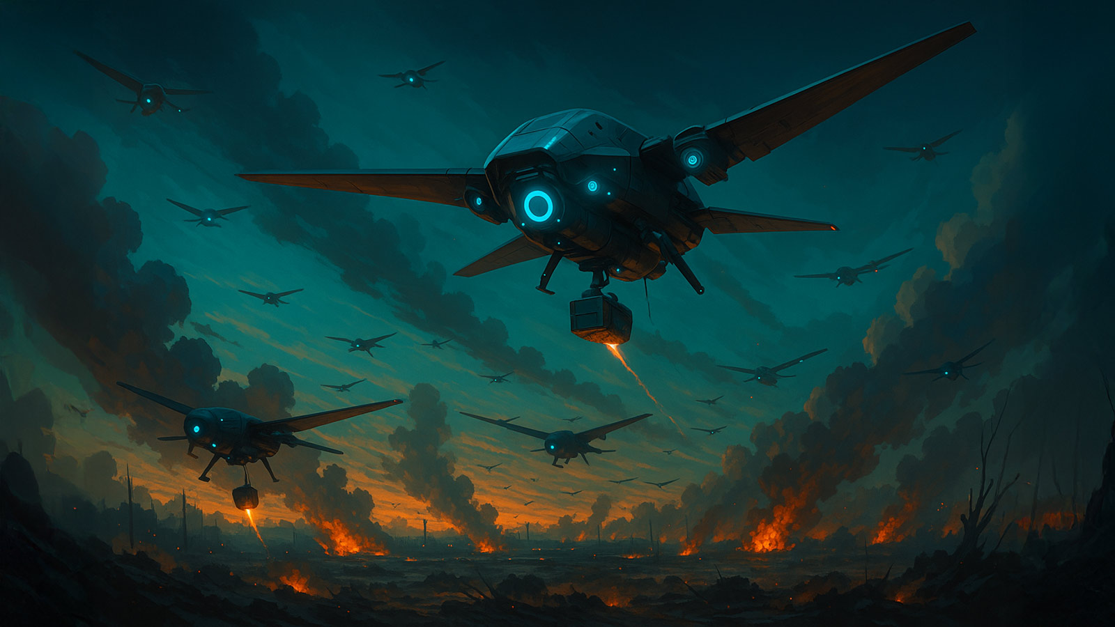 Futuristic swarm of military drones with glowing AI lights flying over a battlefield at dusk, symbolizing the future of autonomous warfare.