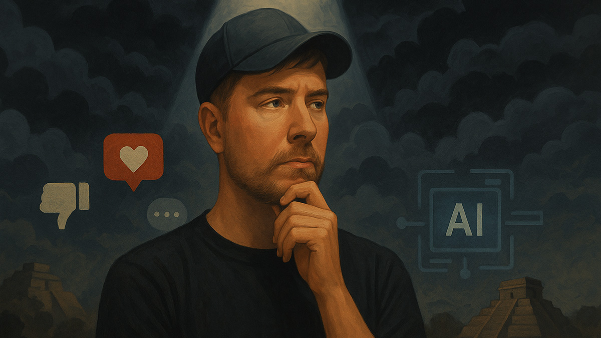 Illustration of MrBeast looking concerned, hinting at a major mistake, with stormy clouds and social media icons in the background.