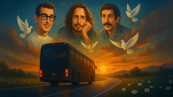 A digital painting of a blue tour bus at sunset honoring musicians who died on tour, with doves in the sky and cartoonish portraits of Buddy Holly, Chris Cornell, and Jim Croce appearing in glowing clouds.