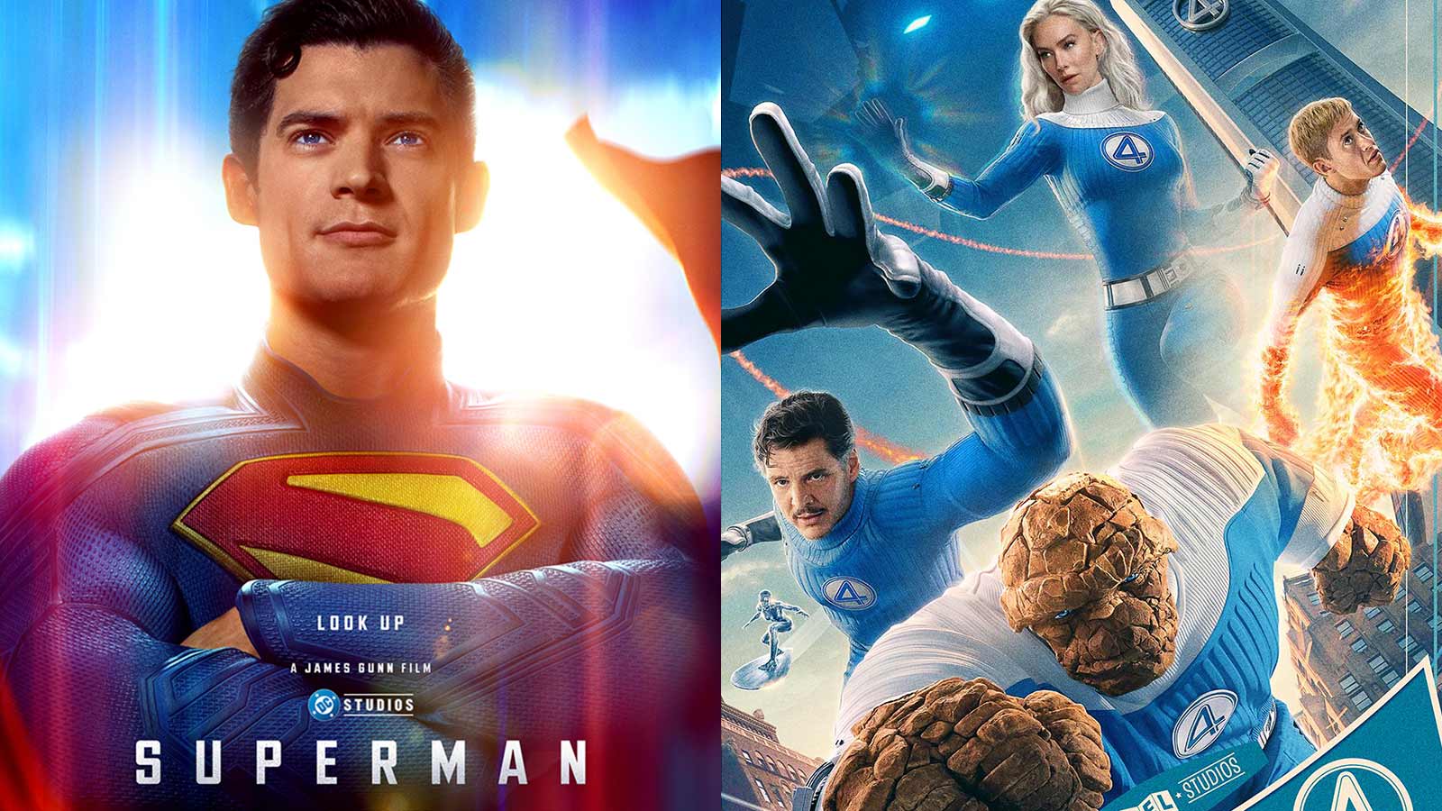 Film posters for examples of films with hopeful superheroes, Superman and Fantastic Four.