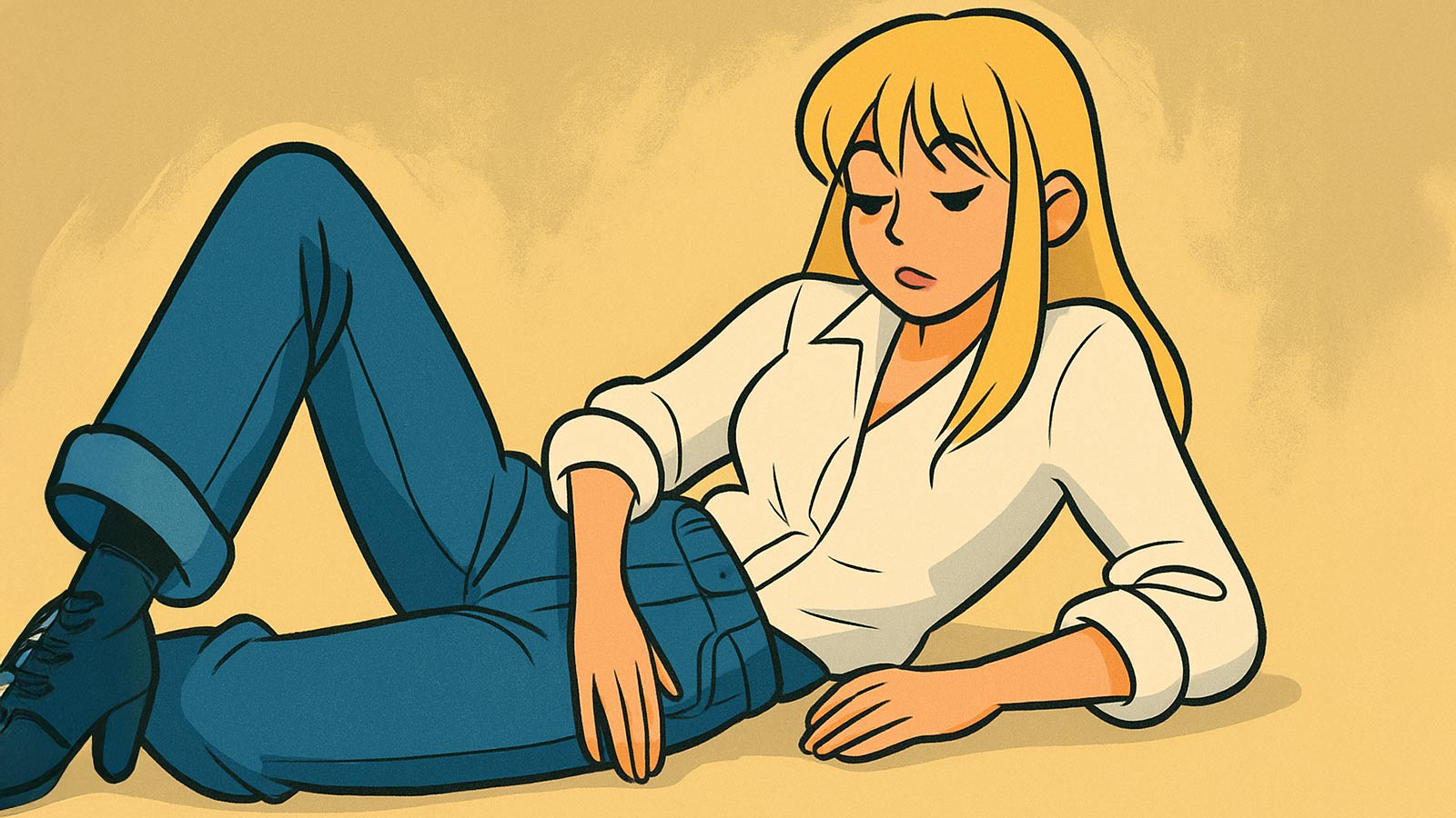 Cartoon-style illustration of a blonde woman resembling Sydney Sweeney, reclining in denim jeans and a white shirt, evoking an American Eagle fashion ad.