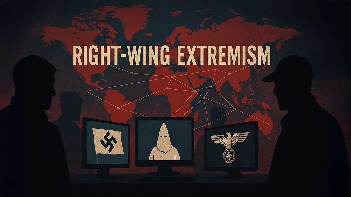Symbols of right-wing extremism on a map of the world, to represent the documentary World White Hate.