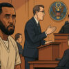 Digital illustration of Diddy in New York courtroom during Mann Act case hearing
