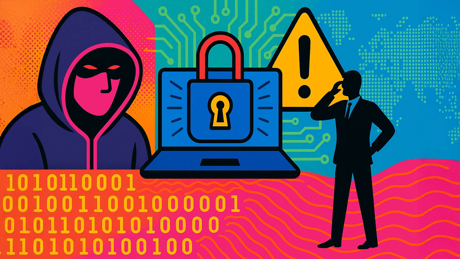 Vibrant digital illustration showing hacker, laptop lock, and businessman symbolizing the risks leading to a digital crisis